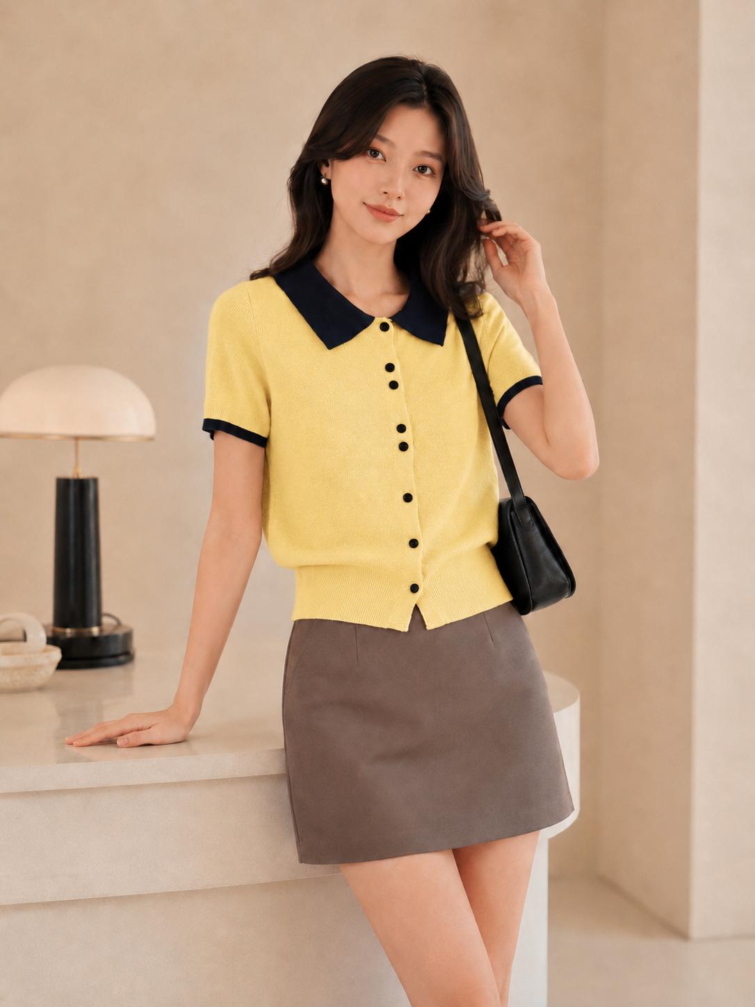 Áo cardigan len nữ MUXIN cổ polo tay ngắn | Áo crop dáng ôm phong cách Hàn Quốc mới mùa hè | Áo len nhẹ có cổ tương phản | Áo thời trang đa năng tôn dáng phù hợp đi làm hằng ngày