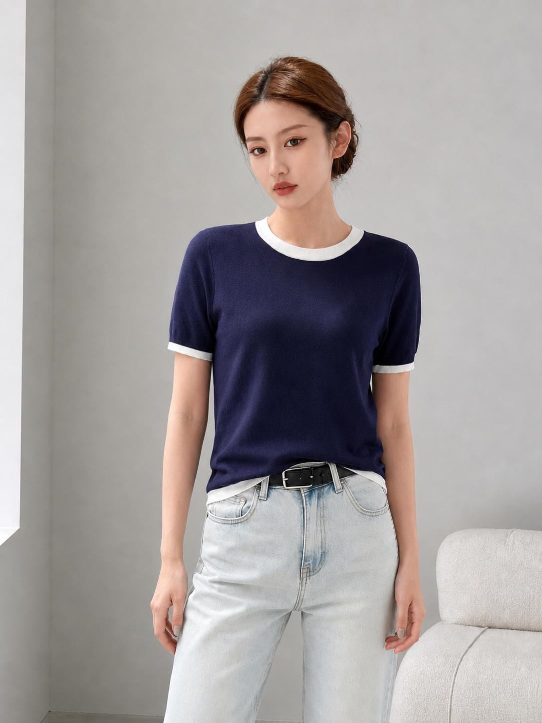 Áo dệt kim nữ MUXIN cổ tròn tay ngắn | Áo crop dáng ôm phong cách Hàn Quốc mùa hè mới | Áo dệt nhẹ viền tương phản | Áo đa năng thoải mái giúp thon gọn, phù hợp đi làm hằng ngày