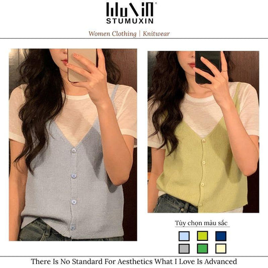 Áo len dệt thô lanh giả hai mảnh MUXIN cho nữ, mẫu mới 2026 | Thiết kế ôm dáng của nhà thiết kế | Tay ngắn thoáng khí, phù hợp mùa hè, đang viral trên TikTok