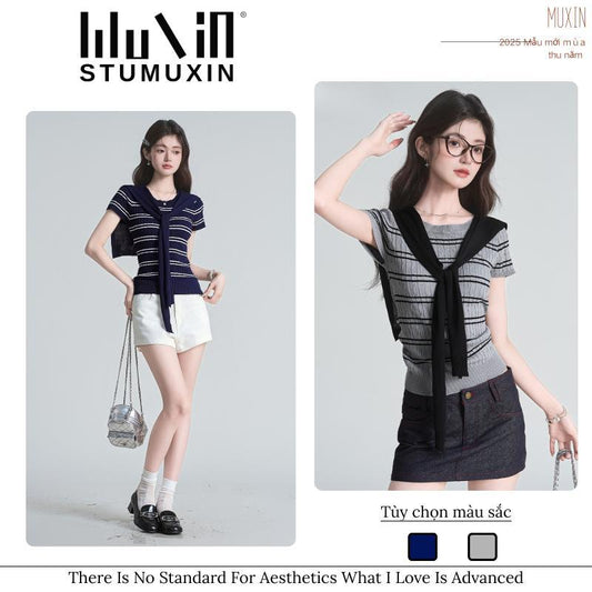 （Xả Kho）Muxin T-Shirt Set Co Giãn Và Ôm Sát Cơ Thể, Bộ 2 Áo Khoác Vai, Áo Thun ngắn tay cổ Tròn, Hợp Xu hướng Mùa Hè Nóng Bỏng