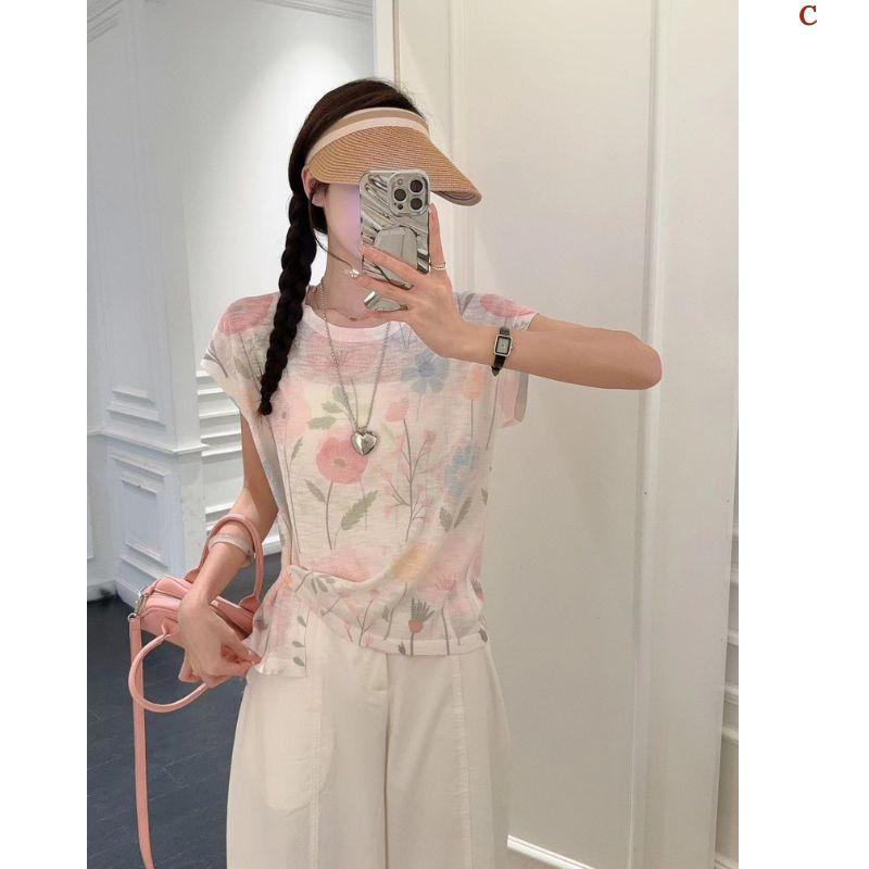 Áo len dệt nhuộm tie-dye chất liệu lụa lạnh MUXIN dành cho nữ, mẫu mới 2026 | Ôm dáng, tay ngắn in họa tiết | Áo mùa hè mát mẻ đang gây sốt trên TikTok