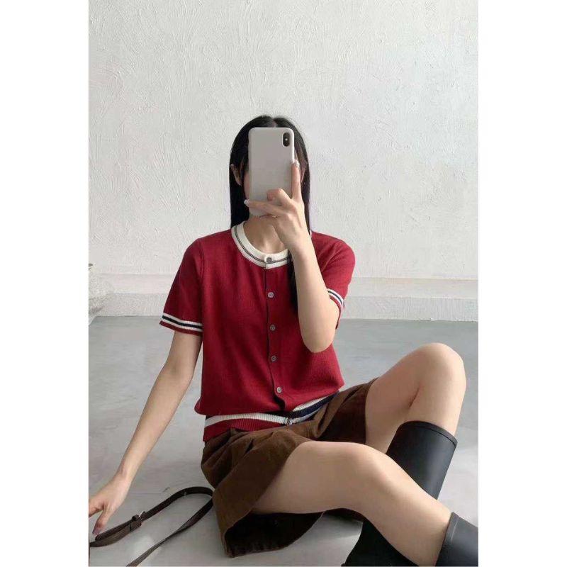 （Không có hình thêu ngựa nhỏ.）Áo len nữ MUXIN phong cách Hàn Quốc mới, cổ tròn, phối màu khối kiểu Anh, dáng rộng, phong cách thường ngày