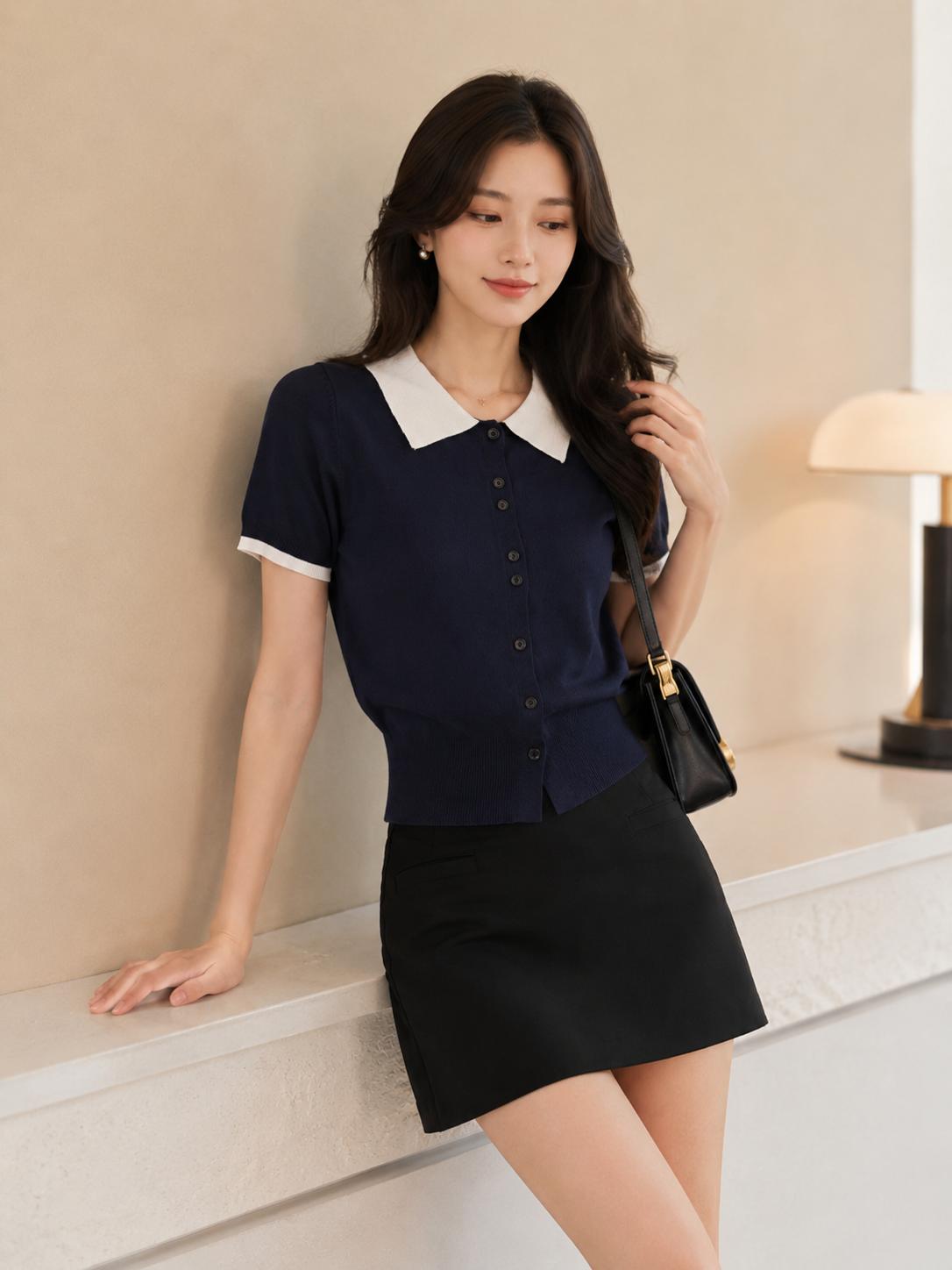 Áo cardigan len nữ MUXIN cổ polo tay ngắn | Áo crop dáng ôm phong cách Hàn Quốc mới mùa hè | Áo len nhẹ có cổ tương phản | Áo thời trang đa năng tôn dáng phù hợp đi làm hằng ngày