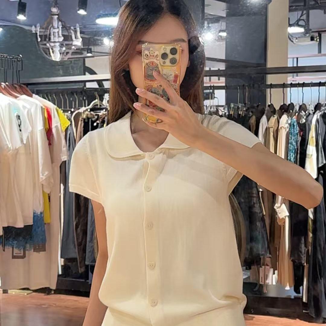 Áo len polo nữ MUXIN Xuân Hè 2026 mới, cổ búp bê, tay phồng ngắn, dáng ôm