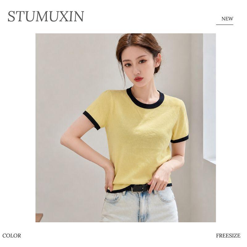 Áo dệt kim nữ MUXIN cổ tròn tay ngắn | Áo crop dáng ôm phong cách Hàn Quốc mùa hè mới | Áo dệt nhẹ viền tương phản | Áo đa năng thoải mái giúp thon gọn, phù hợp đi làm hằng ngày