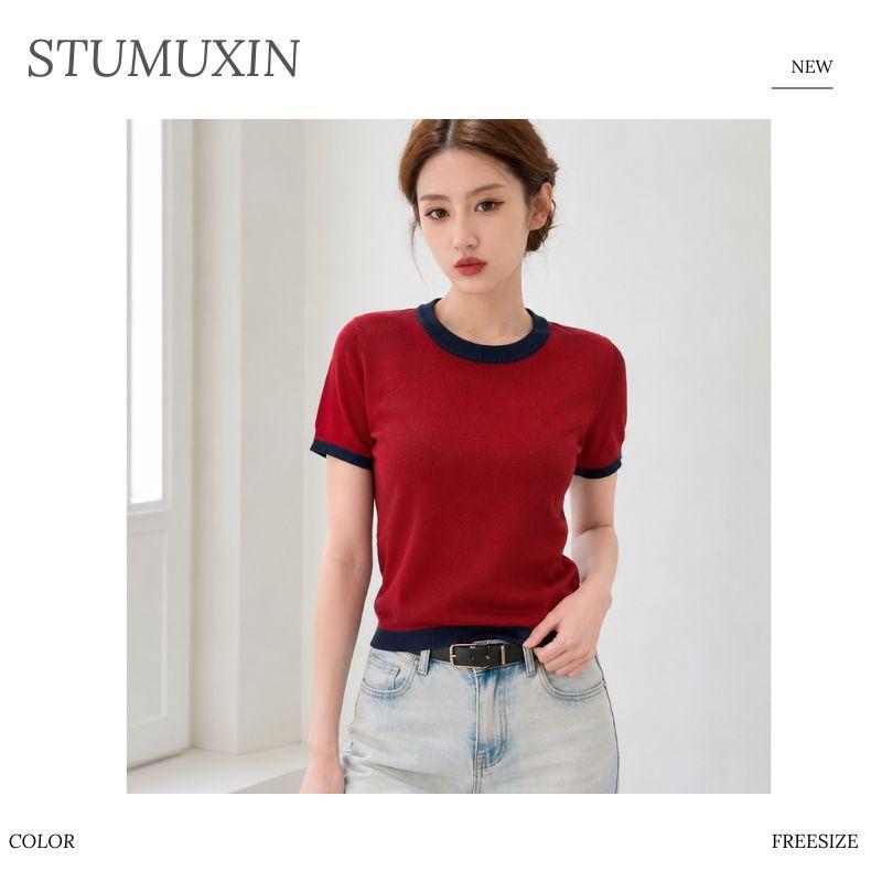 Áo dệt kim nữ MUXIN cổ tròn tay ngắn | Áo crop dáng ôm phong cách Hàn Quốc mùa hè mới | Áo dệt nhẹ viền tương phản | Áo đa năng thoải mái giúp thon gọn, phù hợp đi làm hằng ngày