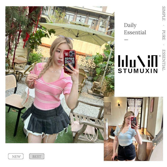 Áo len nữ hai mảnh phong cách dopamine giả MUXIN, mẫu mới 2026 | Áo crop top dáng ôm gợi cảm phong cách Y2K | Trang phục mùa hè đang viral trên TikTok