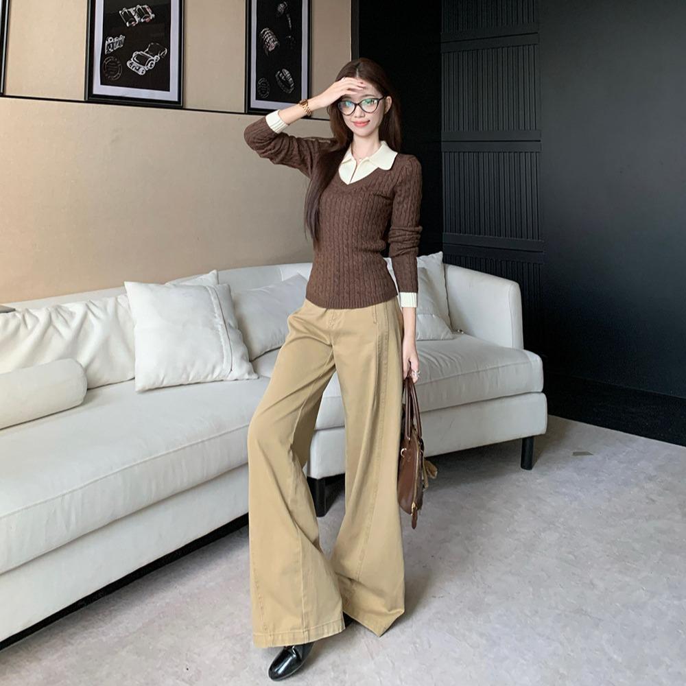 Áo len nữ Muxin phối hai lớp giả cổ polo, dệt kim, dáng rộng, phù hợp mùa thu đông