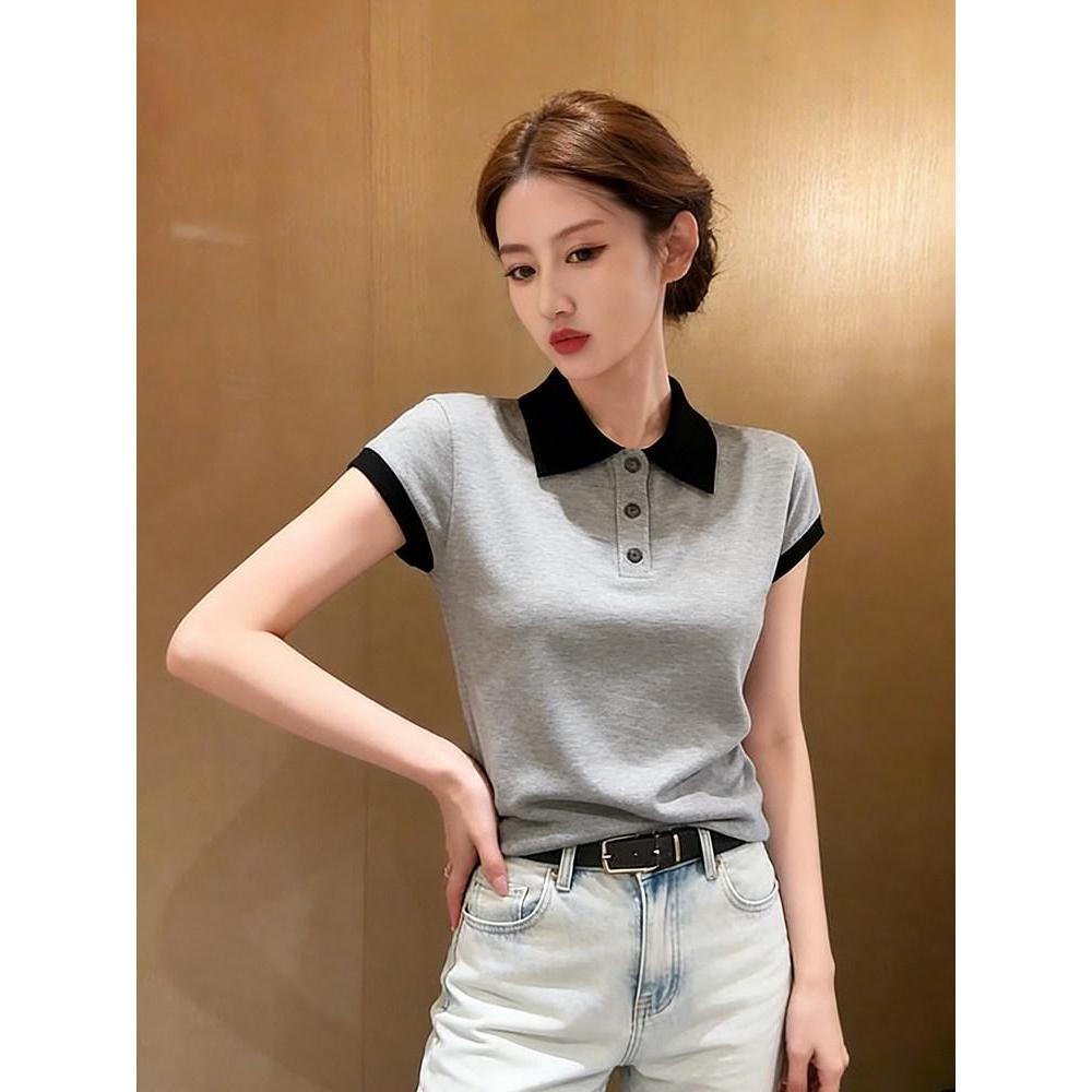 （Không có hình thêu ngựa nhỏ.）Áo polo nữ MUXIN dáng ôm tay ngắn, chất liệu dệt kim, thiết kế vai nổi
