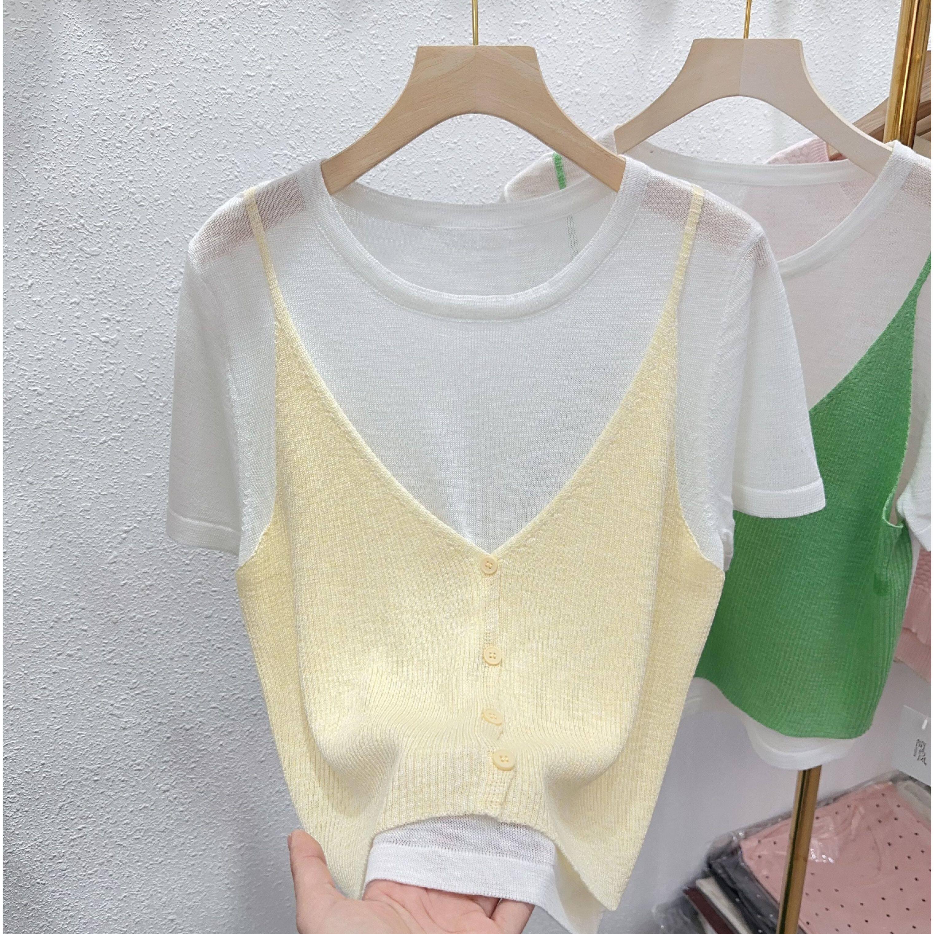 Áo len dệt thô lanh giả hai mảnh MUXIN cho nữ, mẫu mới 2026 | Thiết kế ôm dáng của nhà thiết kế | Tay ngắn thoáng khí, phù hợp mùa hè, đang viral trên TikTok