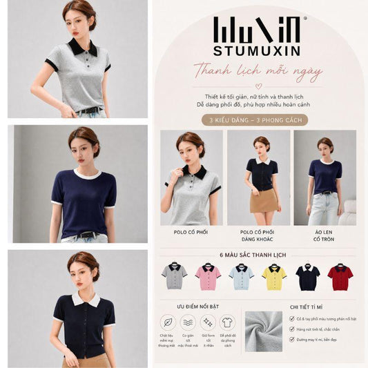 Áo sơ mi Polo ngắn tay dành cho nữ MUXIN, vải dệt kim mềm, thiết kế viền tương phản bắt mắt, tông màu nhẹ nhàng, phong cách Hàn Quốc, dễ kết hợp với mọi trang phục.