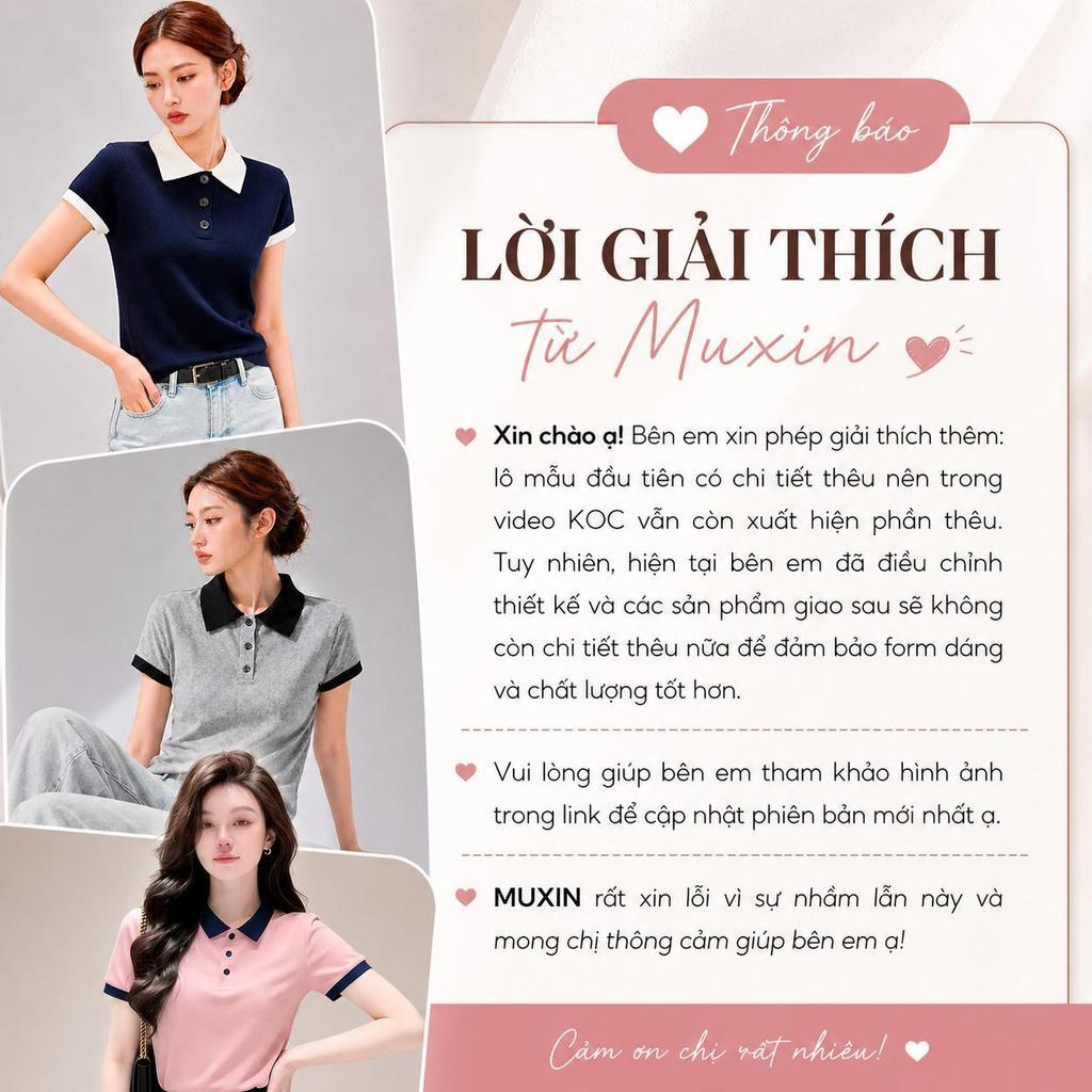 Áo sơ mi Polo ngắn tay dành cho nữ MUXIN, vải dệt kim mềm, thiết kế viền tương phản bắt mắt, tông màu nhẹ nhàng, phong cách Hàn Quốc, dễ kết hợp với mọi trang phục.
