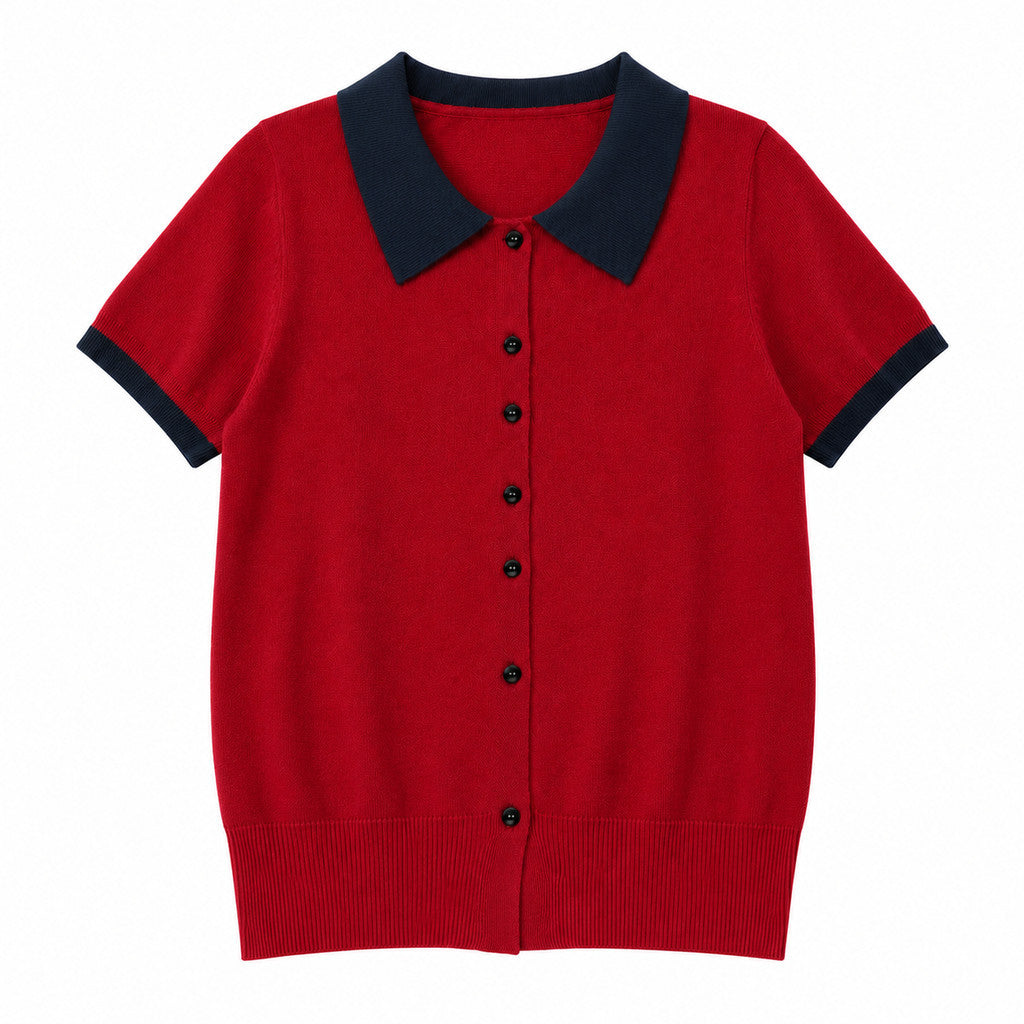 Áo sơ mi Polo ngắn tay dành cho nữ MUXIN, vải dệt kim mềm, thiết kế viền tương phản bắt mắt, tông màu nhẹ nhàng, phong cách Hàn Quốc, dễ kết hợp với mọi trang phục.