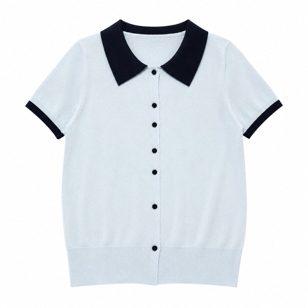 Áo sơ mi Polo ngắn tay dành cho nữ MUXIN, vải dệt kim mềm, thiết kế viền tương phản bắt mắt, tông màu nhẹ nhàng, phong cách Hàn Quốc, dễ kết hợp với mọi trang phục.