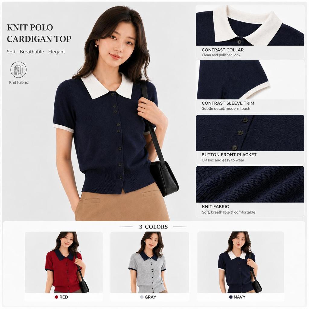 Áo sơ mi Polo ngắn tay dành cho nữ MUXIN, vải dệt kim mềm, thiết kế viền tương phản bắt mắt, tông màu nhẹ nhàng, phong cách Hàn Quốc, dễ kết hợp với mọi trang phục.