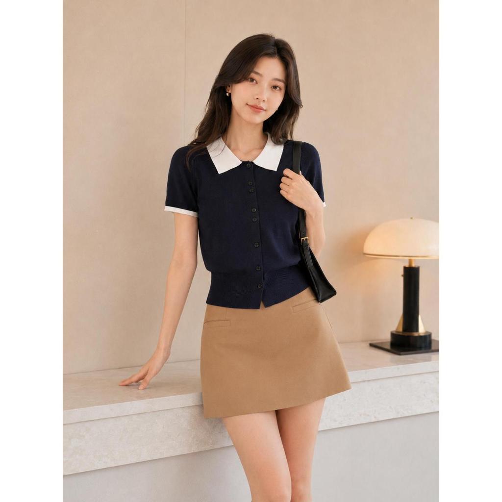 Áo sơ mi Polo ngắn tay dành cho nữ MUXIN, vải dệt kim mềm, thiết kế viền tương phản bắt mắt, tông màu nhẹ nhàng, phong cách Hàn Quốc, dễ kết hợp với mọi trang phục.