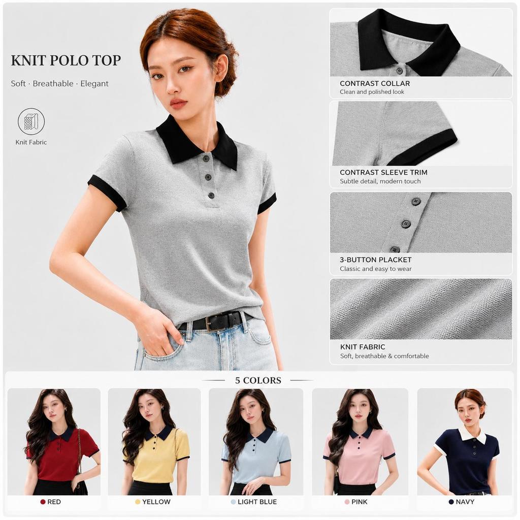 Áo sơ mi Polo ngắn tay dành cho nữ MUXIN, vải dệt kim mềm, thiết kế viền tương phản bắt mắt, tông màu nhẹ nhàng, phong cách Hàn Quốc, dễ kết hợp với mọi trang phục.